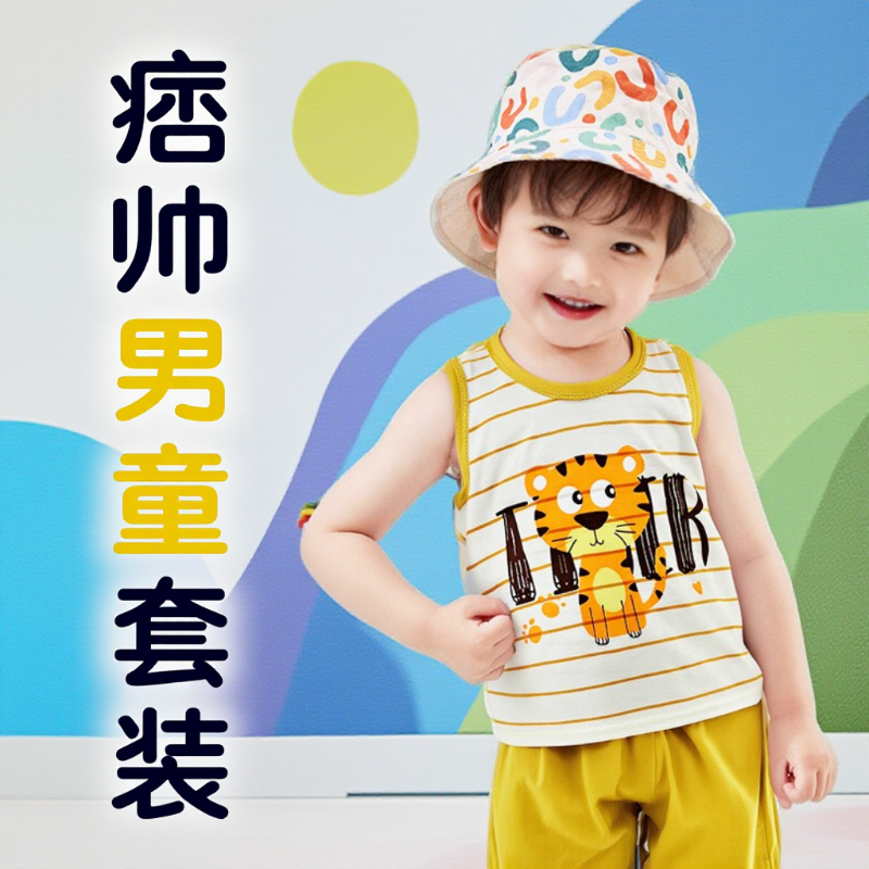 。痞帅男童2025夏季新款儿童背心套装纯棉宝宝无袖短裤韩版男童衣