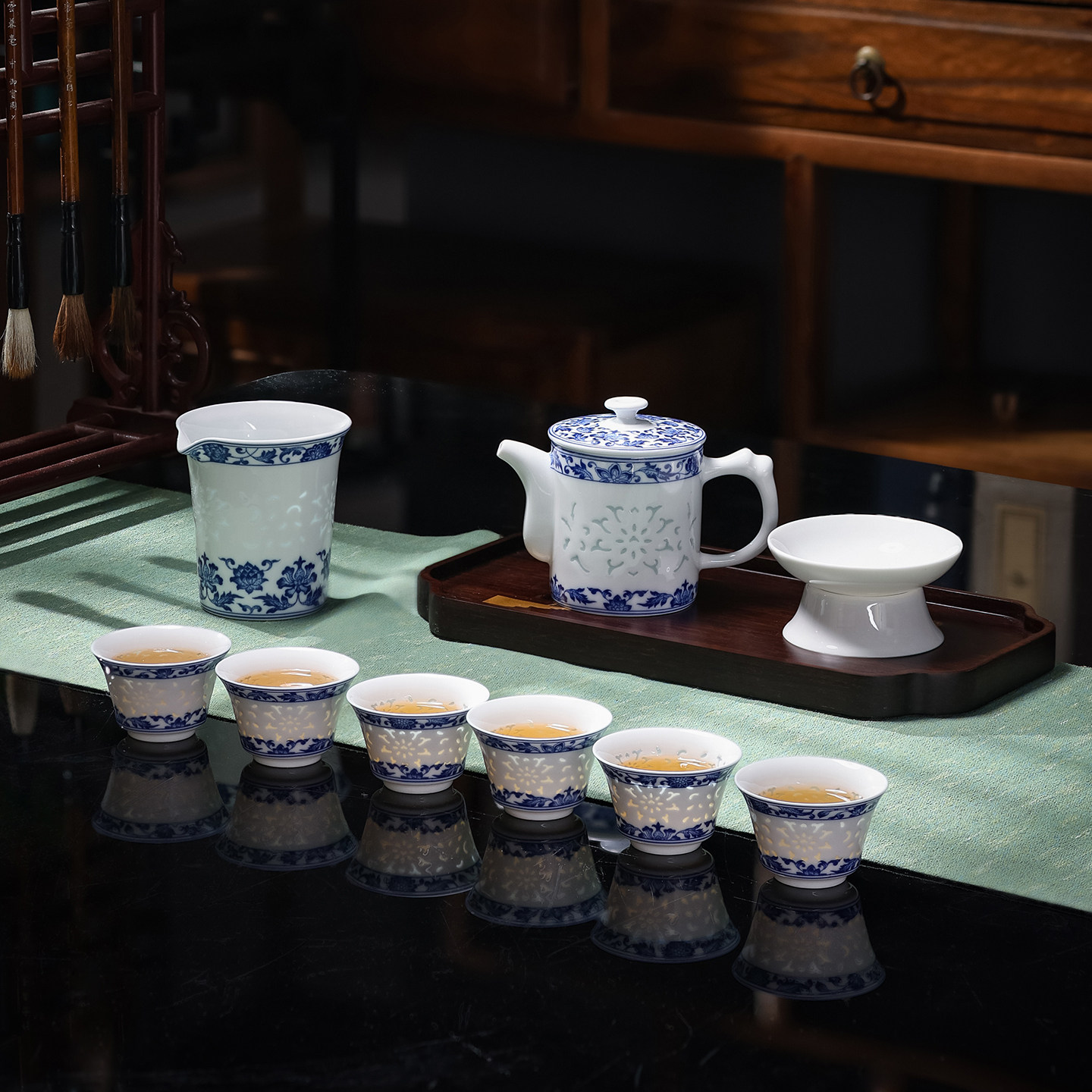 景德镇青花瓷玲珑茶具高温釉下彩功夫茶具套组茶杯茶壶一整套送礼