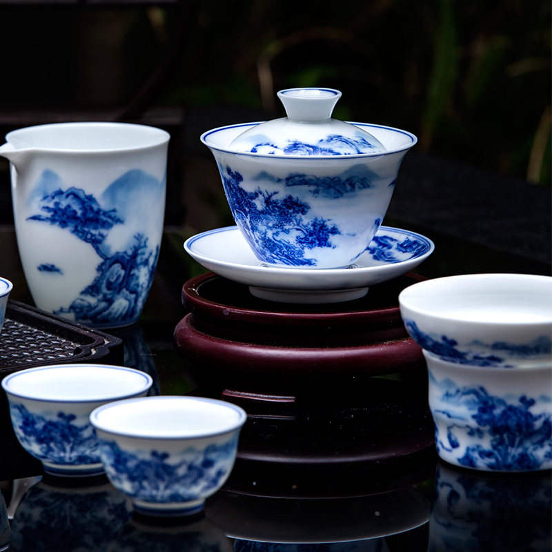 景德镇手绘釉下彩青花瓷茶具套装高白瓷功夫茶具三才盖碗整套送礼