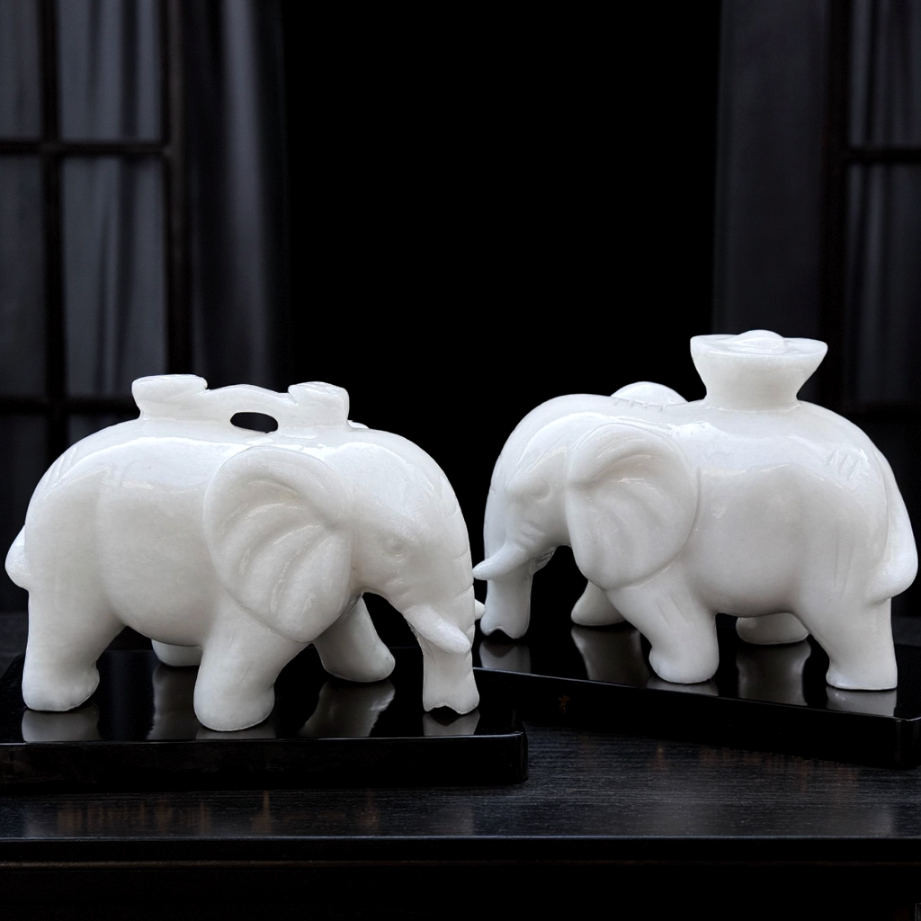 玉石天然白玉大象摆件一对如意元宝象招财装饰礼品客厅办公室中式