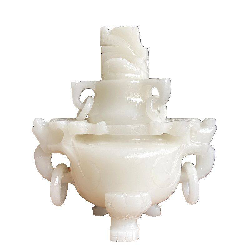 天然白玉香炉摆件装饰家居客厅桌面玄关仿古熏香炉三足玉鼎石玉雕