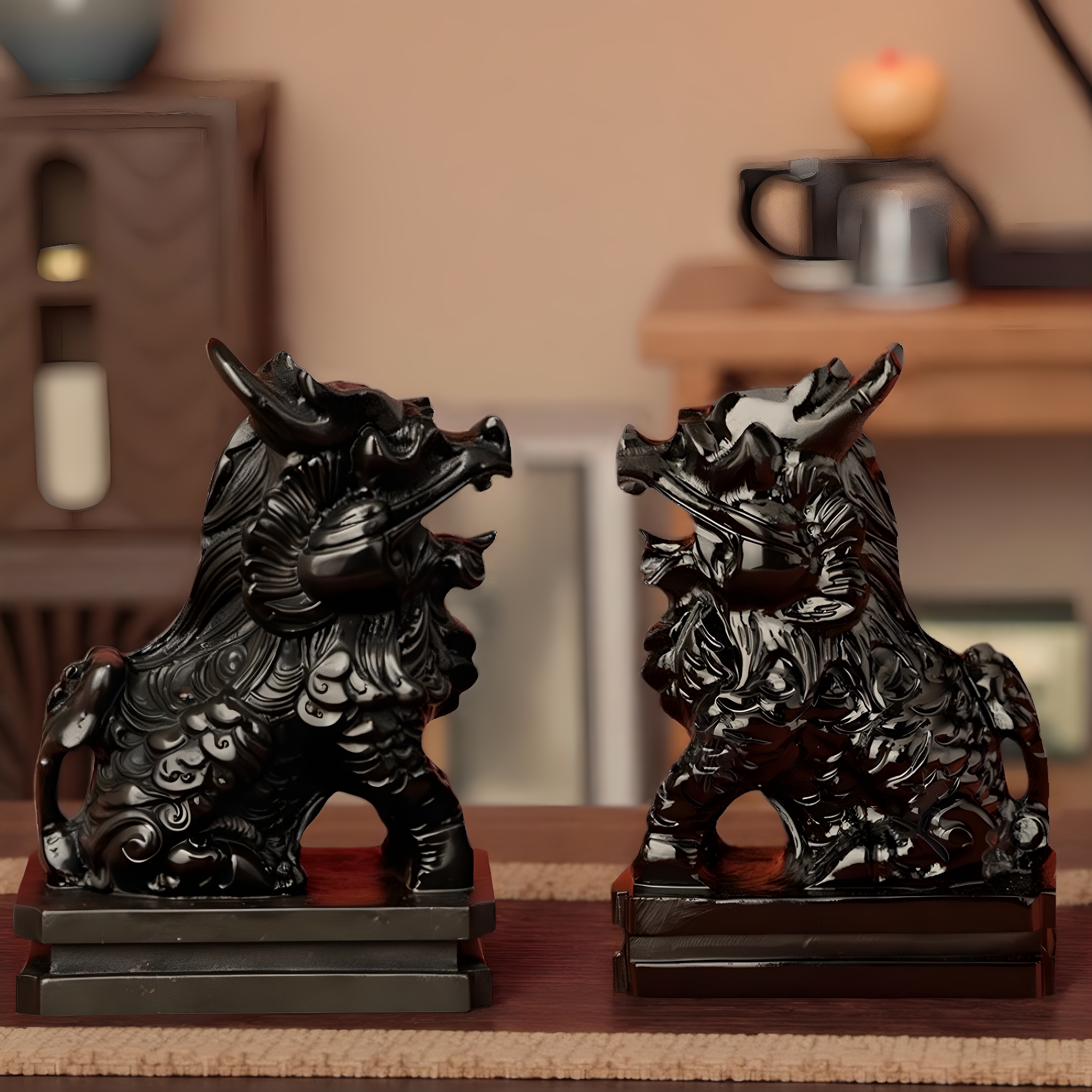 天然黑墨石麒麟摆件一对招财风水住宅办公室玄关窗台坐款玉石麒麟