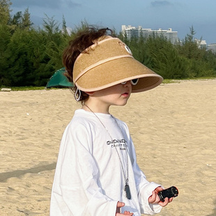 防晒遮阳儿童空顶帽大帽檐男女童沙滩草帽户外出游宝宝太阳帽 夏季