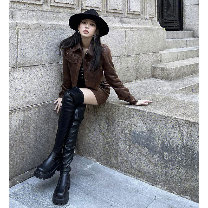 LEG THIN SUGAR OVER-THE-KNEE BOOTS SUPER LONG 2024 AUTUMN AND WINTER NEW THICK-SOLED SQUARE HEAD SHOWS THIN LEATHER BOOTS WOMENS THICK LEGS