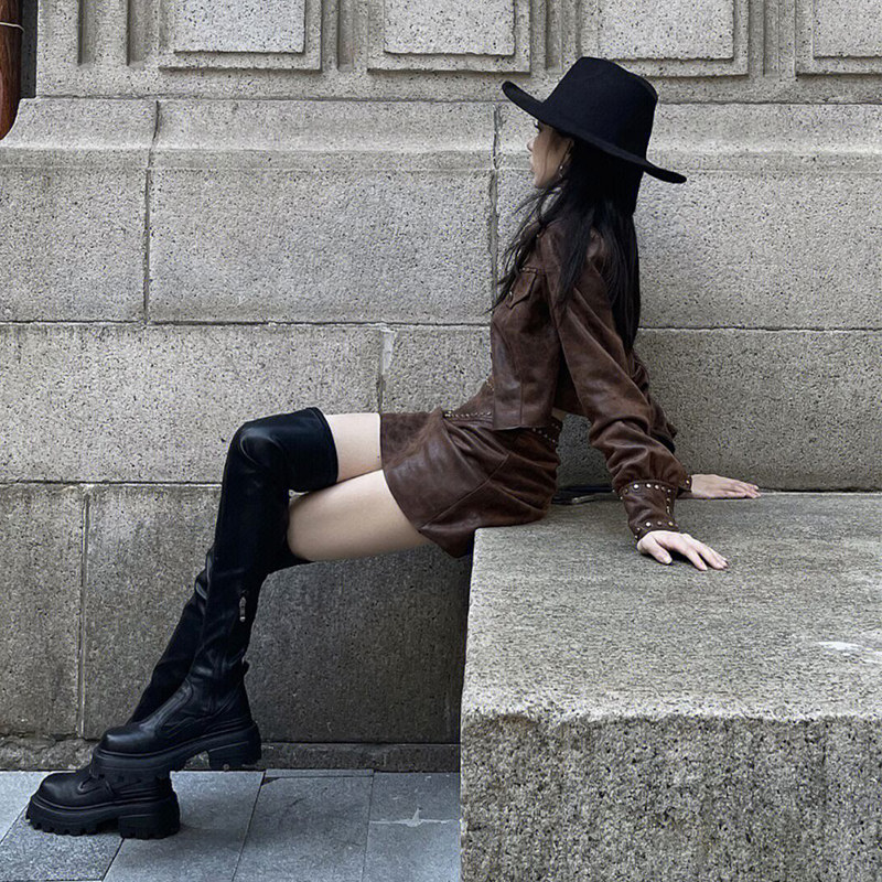 LEG THIN SUGAR OVER-THE-KNEE BOOTS SUPER LONG 2024 AUTUMN AND WINTER NEW THICK-SOLED SQUARE HEAD SHOWS THIN LEATHER BOOTS WOMENS THICK LEGS