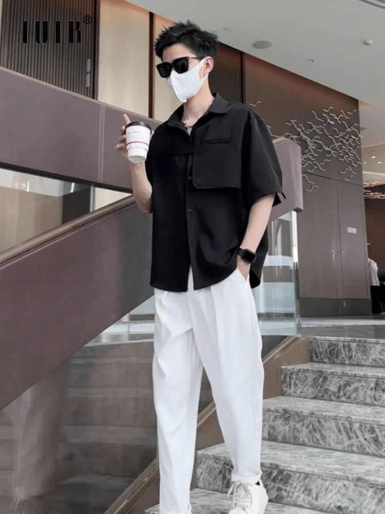 冰丝衬衫套装男士夏季时尚高级感痞帅休闲衬衣短袖男装搭配一整套