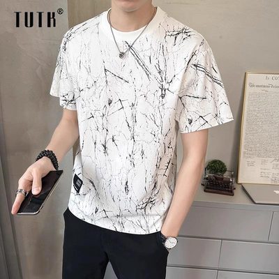 冰丝短袖t恤男士夏季高级感烧花圆领半袖体恤潮牌修身休闲上衣服