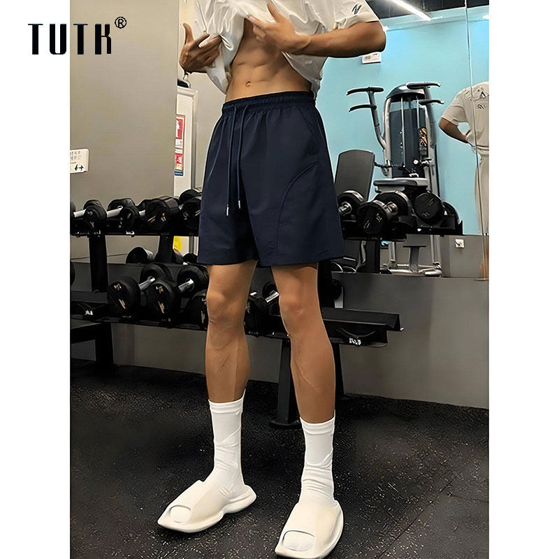 藏青色短裤男款夏季薄款冰丝速干运动裤子男士跑步健身训练四分裤
