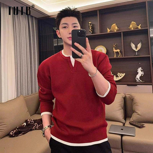 假两件红色毛衣男士秋冬季韩系潮牌宽松慵懒风V领套头针织衫上衣