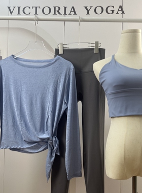 欧美蓝色瑜伽服套装女夏季新款长袖罩衫速干宽松显瘦美背运动 bra