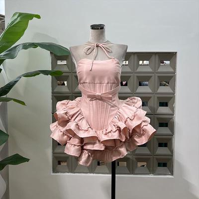 三次元少女感绑带蛋糕蓬蓬连衣裙鱼骨收腰派对礼服配同色南瓜短裤
