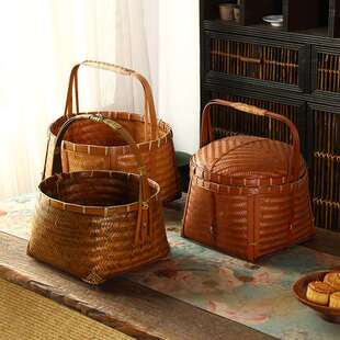 中式竹编圆口小提篮茶室茶具收纳篮带盖箩筐户外野餐便携手提竹筐