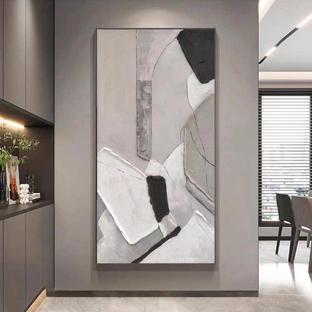 纯手绘黑白灰风格抽象肌理画新中式客厅入户玄关挂画落地竖款油画