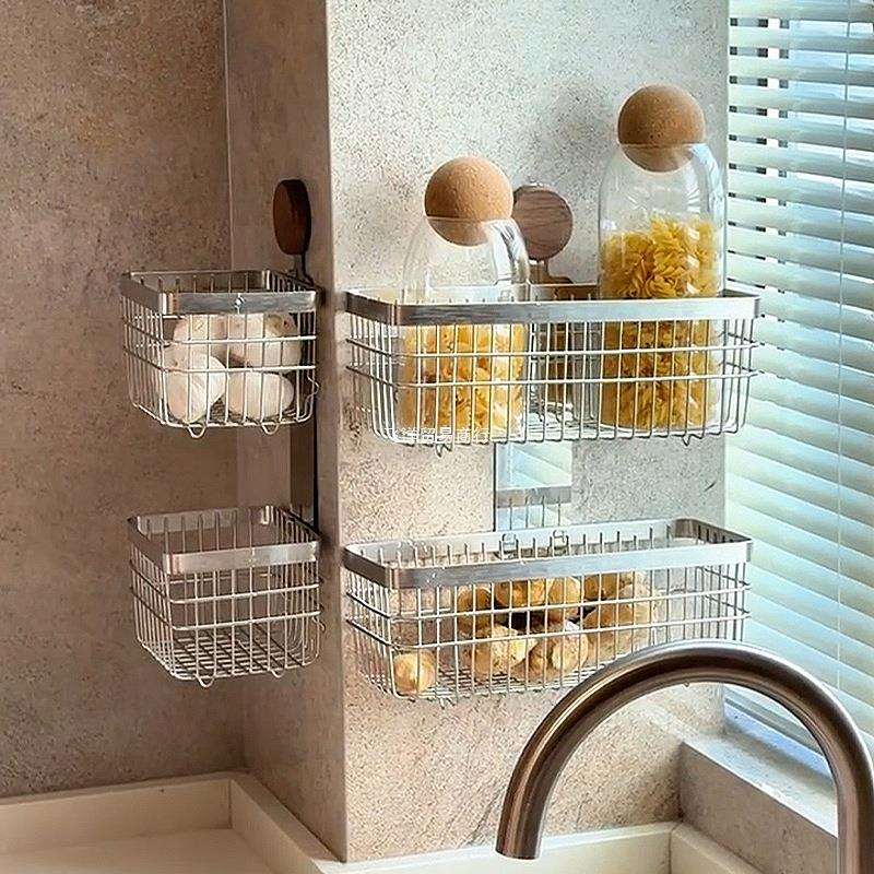 姜葱蒜收纳篮厨房家用免打孔壁挂式不锈钢置物架多功能水果蔬菜篮