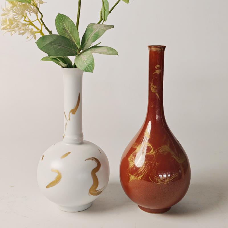 中式复古风陶瓷花瓶手工书房小号插花水养描金花器