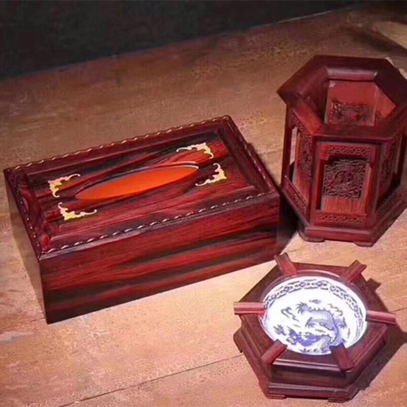 酸枝文房三件套纸巾盒烟灰缸笔筒文房四宝文房客厅用品
