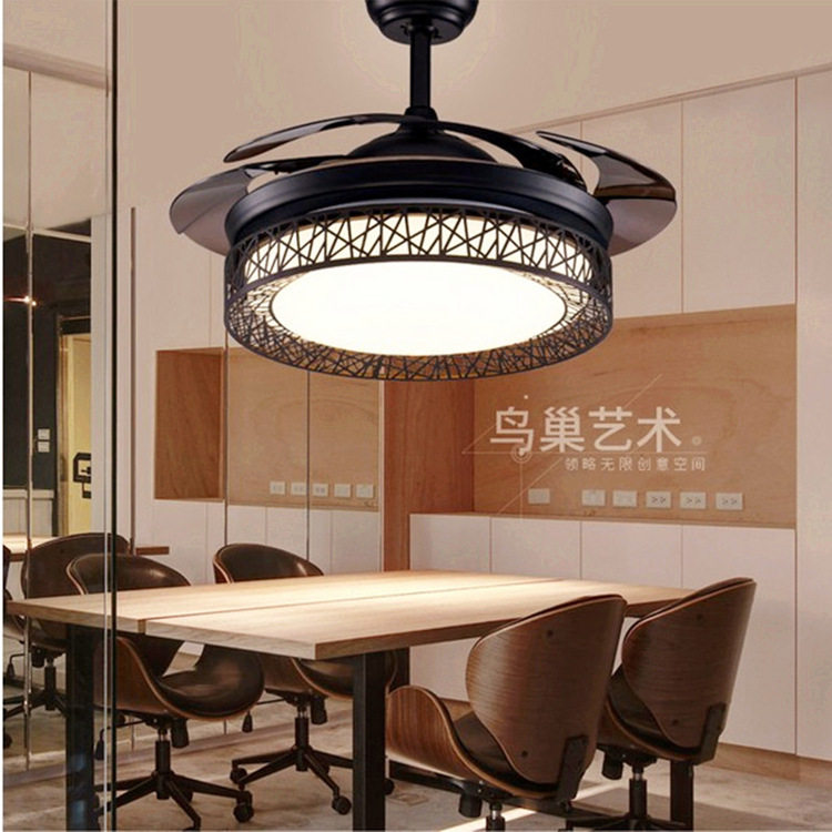 隐形风扇灯卧室客厅餐厅简约电风扇吊灯家用LED鸟巢音乐响吊扇灯