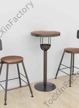LCP2简约复古铁艺实木桌休闲家商用阳台圆桌子高脚吧台桌椅组