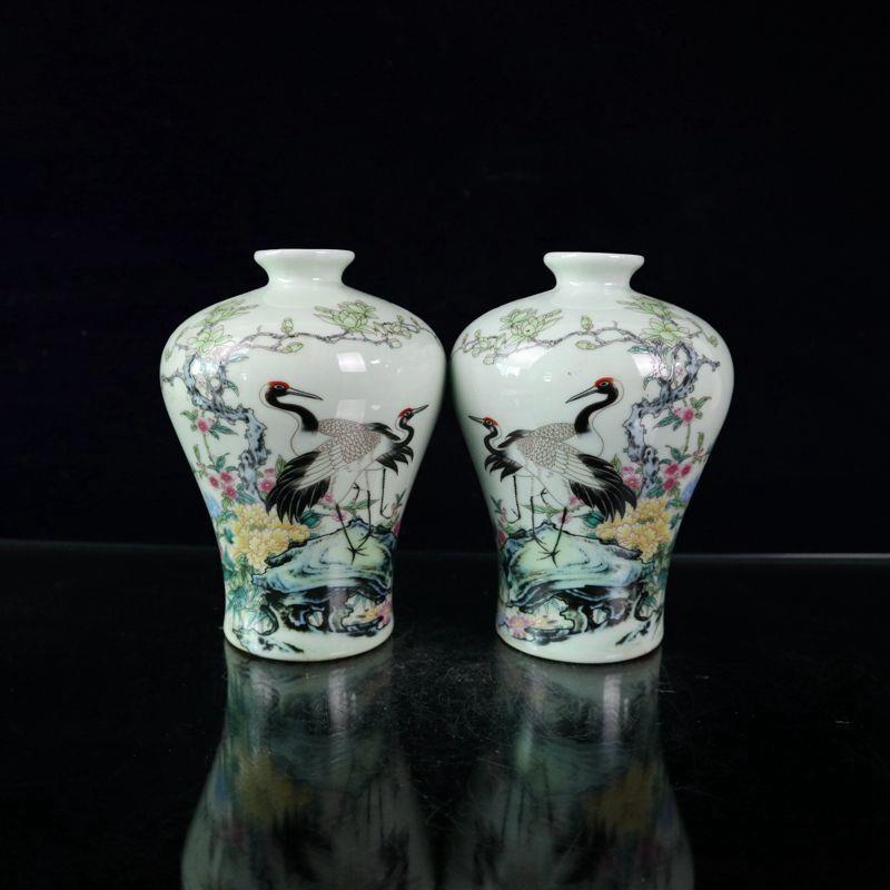收藏古玩复古工艺品粉彩瓷器仙鹤图纹梅瓶花瓶一对摆饰