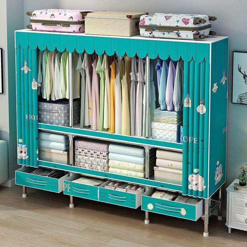 简易钢管衣柜家用卧室出租房钢架加厚加粗加固组装带抽屉收纳衣橱