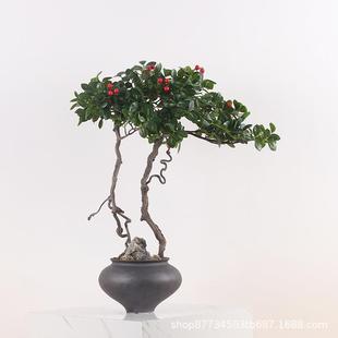 新中式日式仿真盆景迎客松树绿植样板间售楼部茶几花架茶室书房