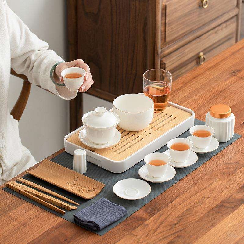 全套简约收纳茶艺套装茶具白瓷家用羊脂玉便携式功夫羊脂便携培训