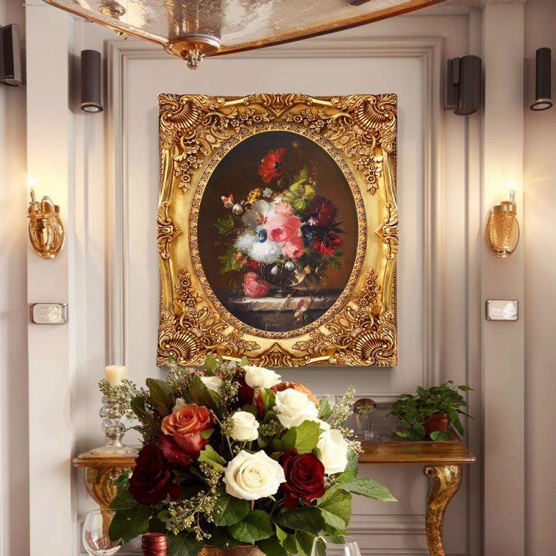 璇美玄关挂画餐厅客厅三联古典花卉玫瑰花高端欧式法式挂壁油画