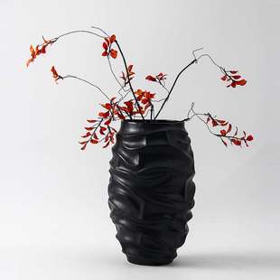 藝術干花器玄關飾品擺件 簡約黑色陶瓷花瓶家居樣板間現代軟裝