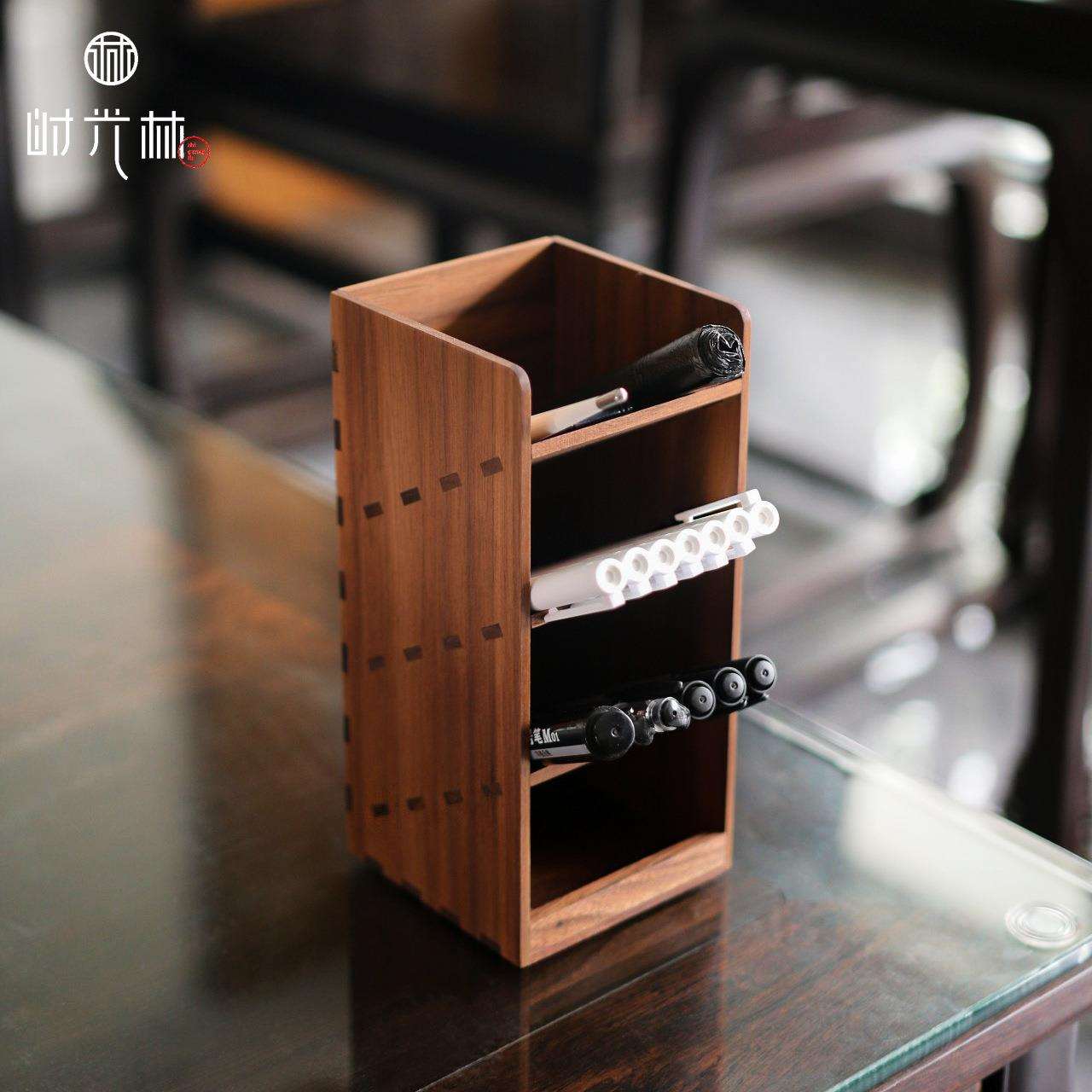 时光林|黑胡桃木笔筒办公室书桌文具收纳盒桌面实木笔刷筒置物