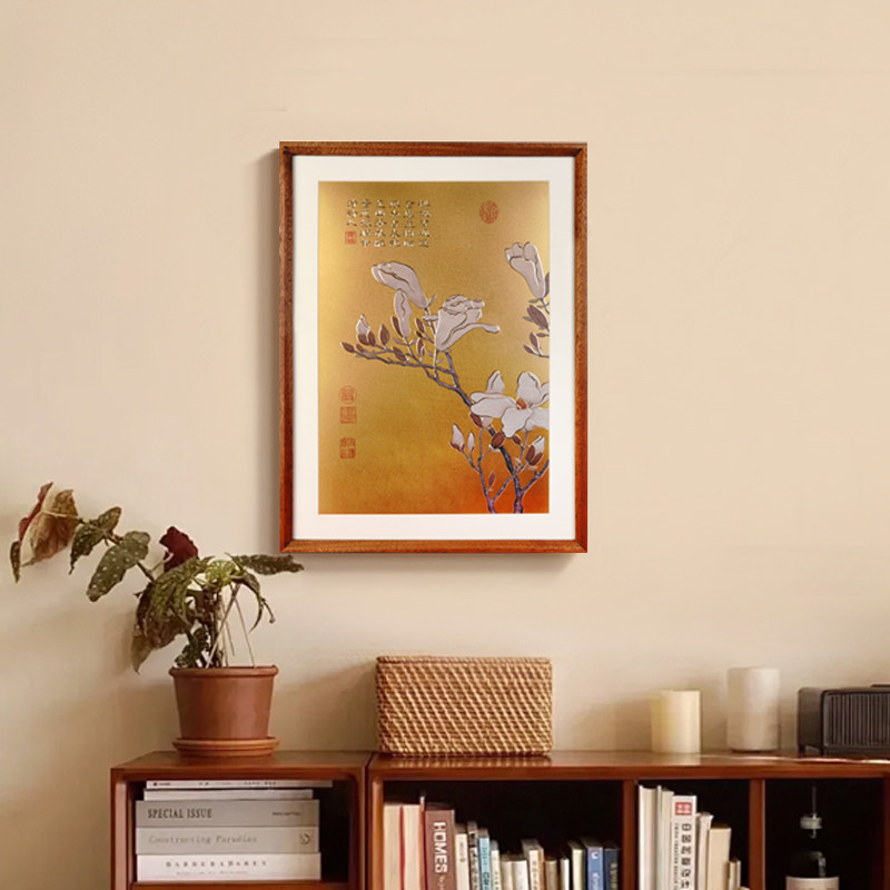 铜艺世家手工錾刻玉兰铜雕画乾隆御制诗花卉新中式装饰画家居挂画