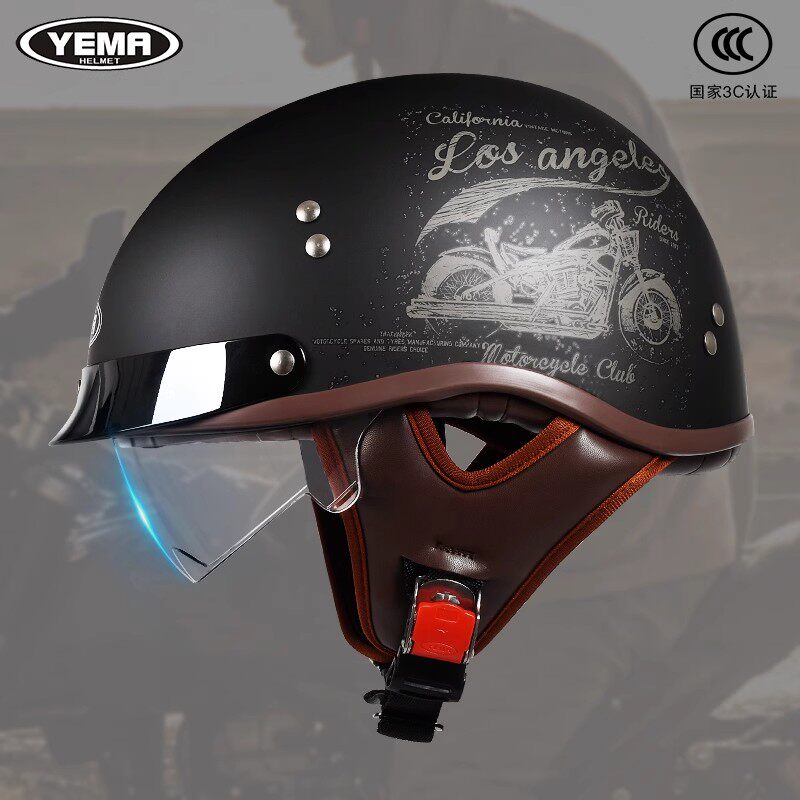 野马电动车头盔男女夏季瓢盔哈雷个性半盔四季通用复古机车安全帽