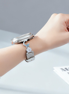 适用于华为手环表带8/9/10通用鎏金细闪金属月亮拼皮革表带苹果手