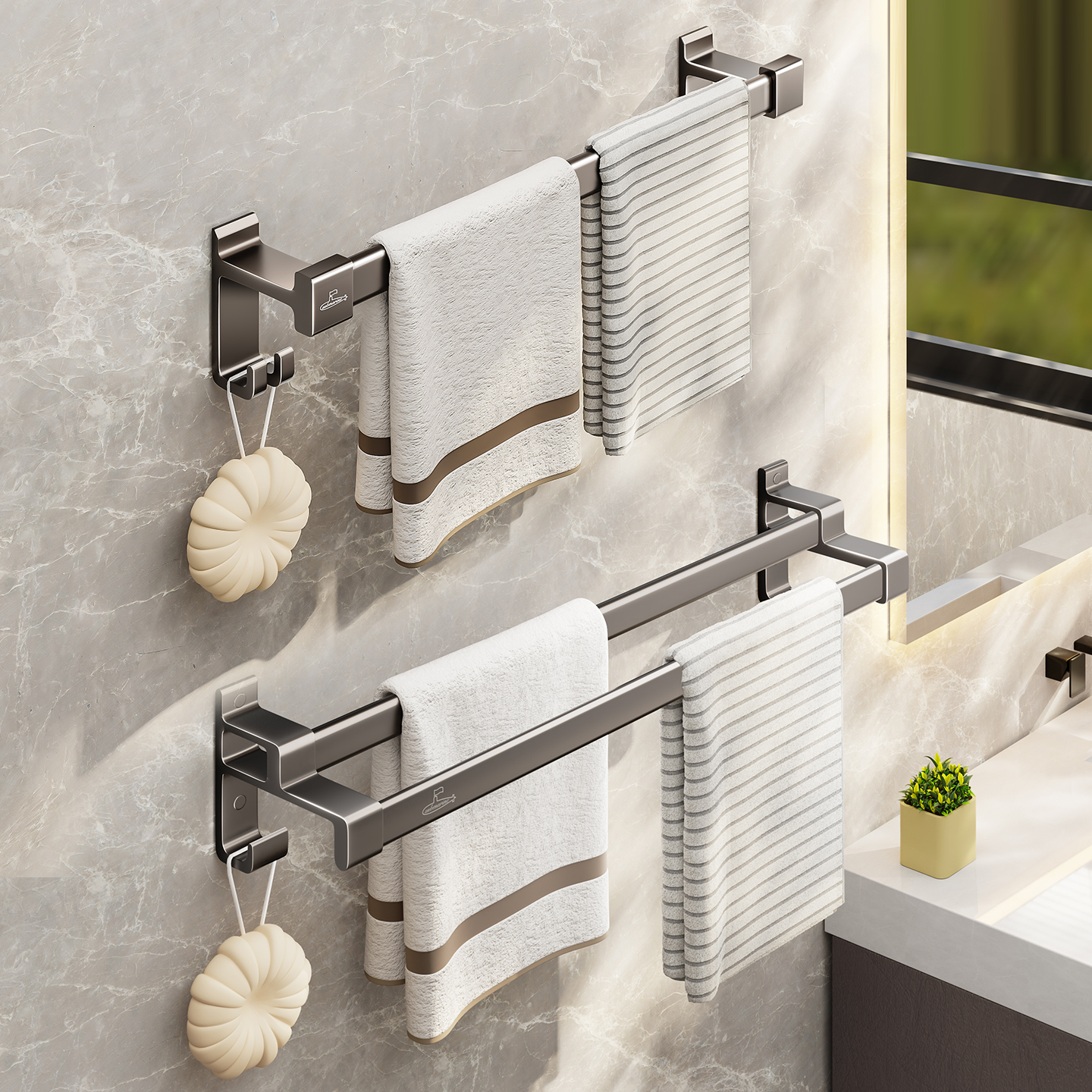 潜水艇卫生间毛巾挂杆置物架免打孔高端极简单双杆浴室浴巾放置架