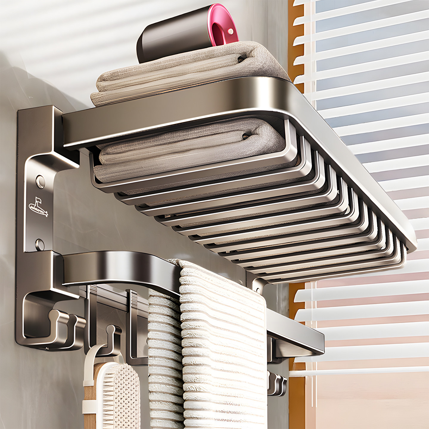 潜水艇卫生间毛巾架免打孔高端可折叠挂件浴室置物架浴巾架套装