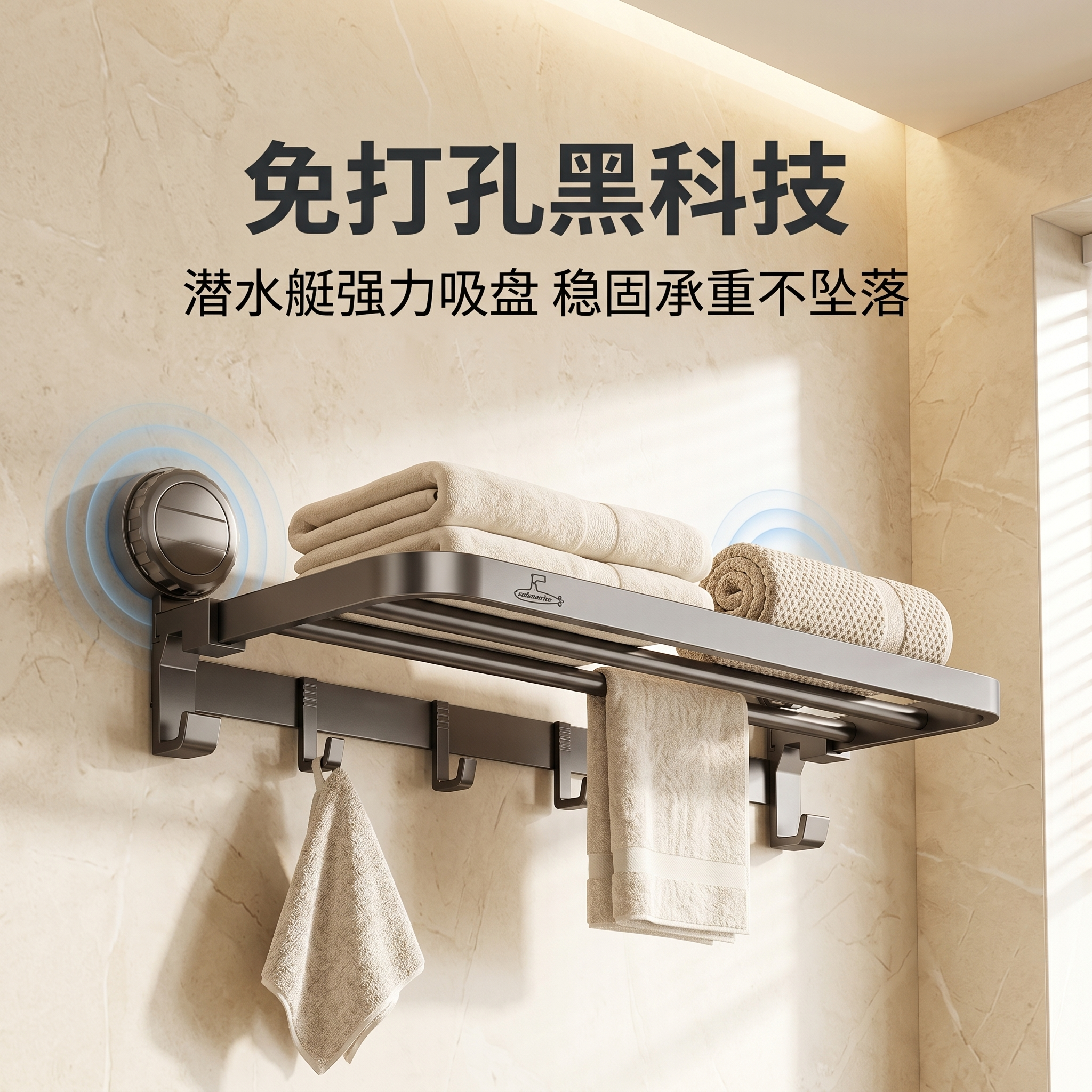 潜水艇吸盘毛巾架卫生间免打孔浴室浴巾置物架淋浴房厕所挂杆套装