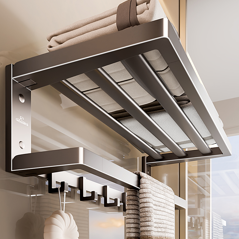 潜水艇卫生间免打孔挂浴巾置物架太空铝卫浴挂件可折叠毛巾架套装