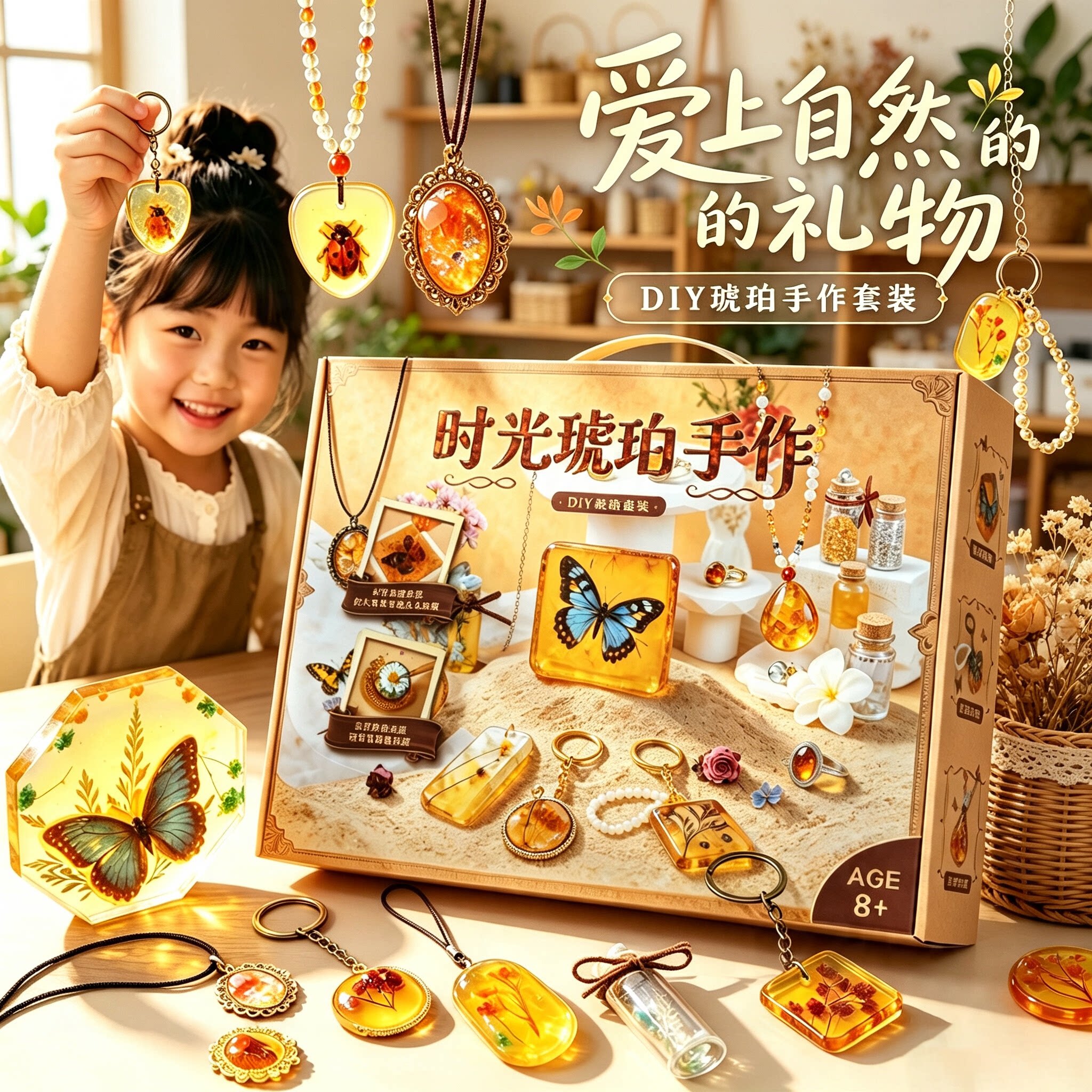 小学生女孩创意琥珀材料包手工diy手链项链串珠首饰礼物礼盒玩具