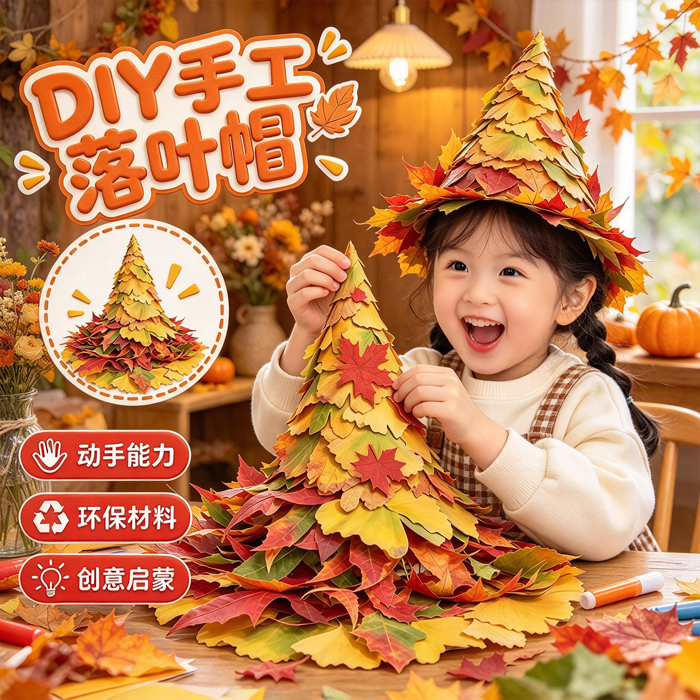 秋天创意魔法落叶帽手工DIY粘贴材料包仿真纸质植物树叶帽幼儿园儿童小学寻秋拼贴纸玩具作品男女孩生日礼物