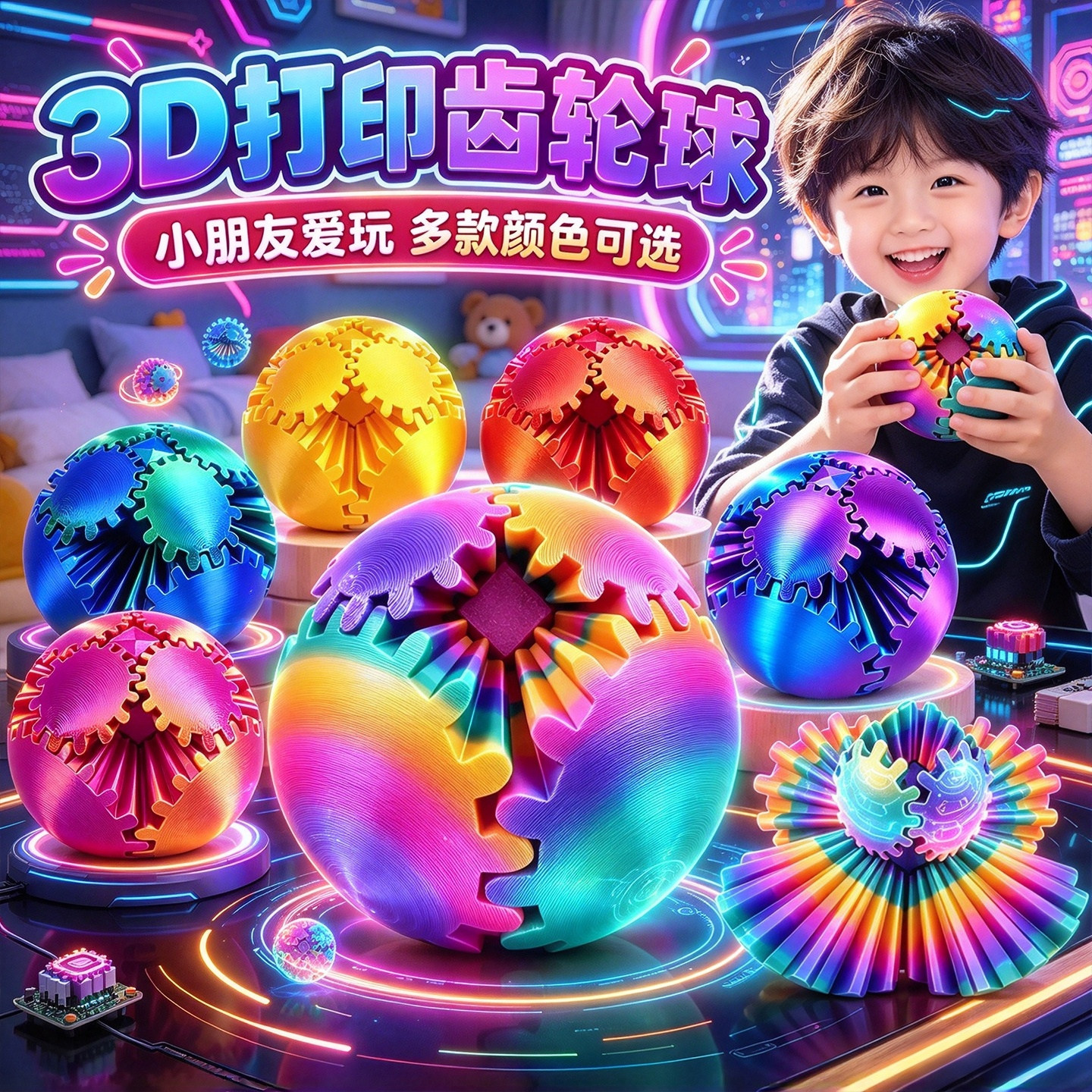 旋转齿轮球魔方儿童益智玩具解压3D打印百变创意立体指尖球形积木