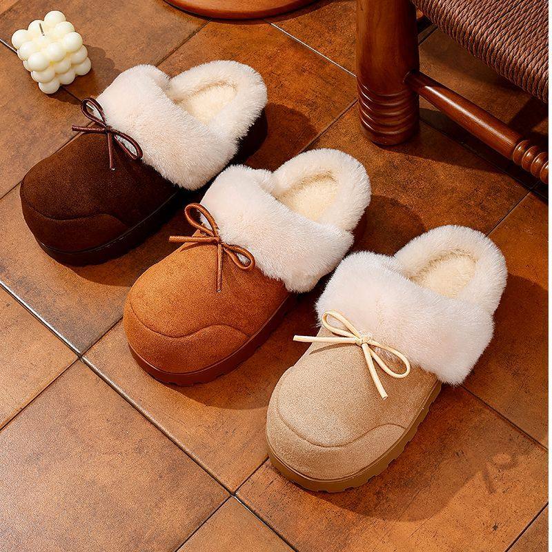 简约风女士冬季时尚蝴蝶结包跟厚底棉拖防滑保暖加绒室内家居拖鞋