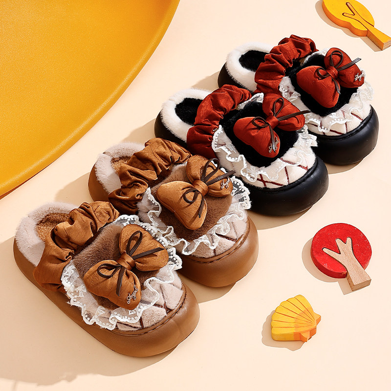 新款冬季拖鞋蝴蝶结可爱棉拖鞋秋冬室内家居防滑保暖加绒创意棉鞋