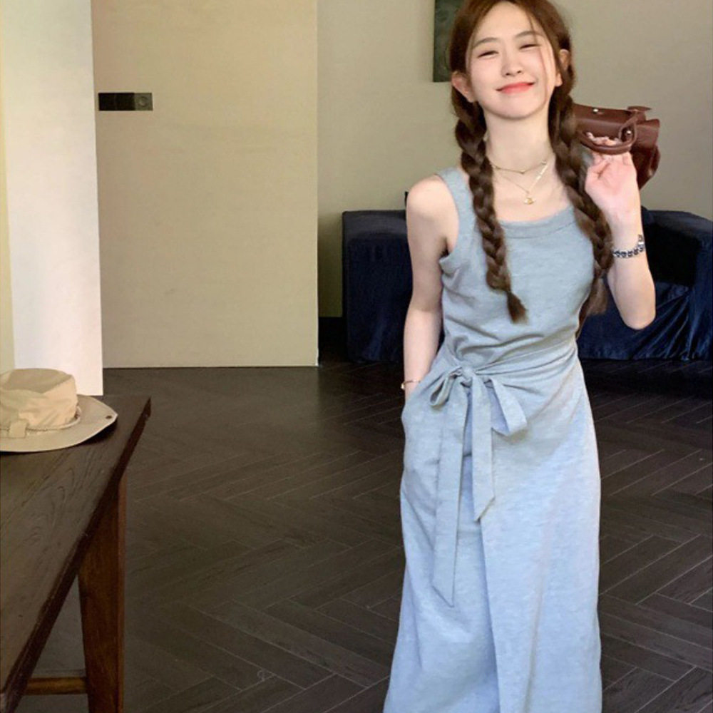 欧美夏季新款连衣裙慵懒女休闲气质韩版绑带背心裙子长裙无袖吊带