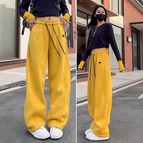 黄色阔腿弯刀裤女2025春秋季新款宽松抽绳垂感香蕉长裤休闲卫裤子
