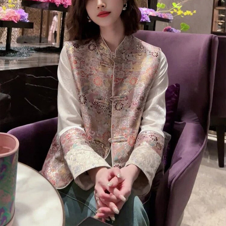 2026春秋一整套新款时尚粉色新中式国风提花马甲白色衬衫两件套装