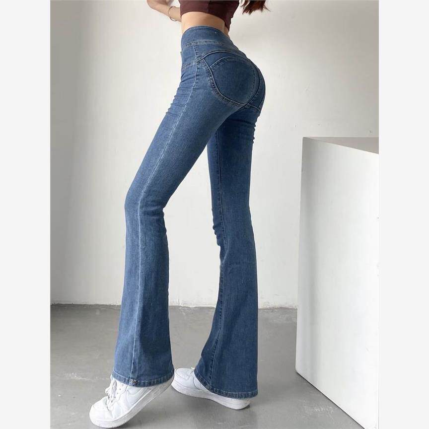 欧美高腰显瘦微喇叭牛仔裤女春秋季纯色紧身弹力性感包臀提臀长裤