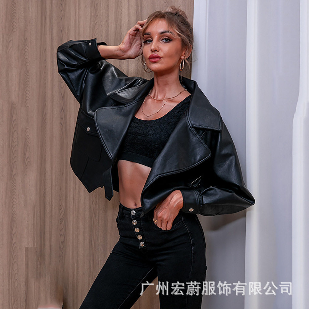大口袋皮带扣大翻领PU休