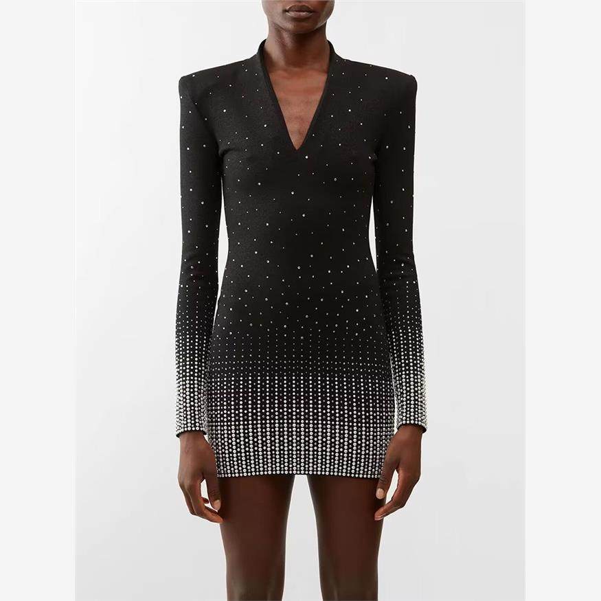 Long Sleeve Diamonds Rhinestone Embellihsed Knit Dress