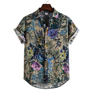 Cotton Linen printed shirts summer men blouse