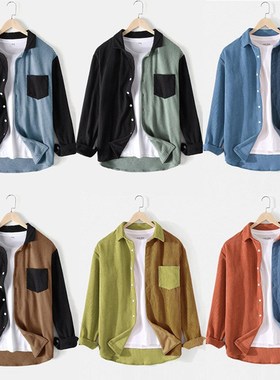 Men's contrast stitched corduroy Lapel patch pocket loose男