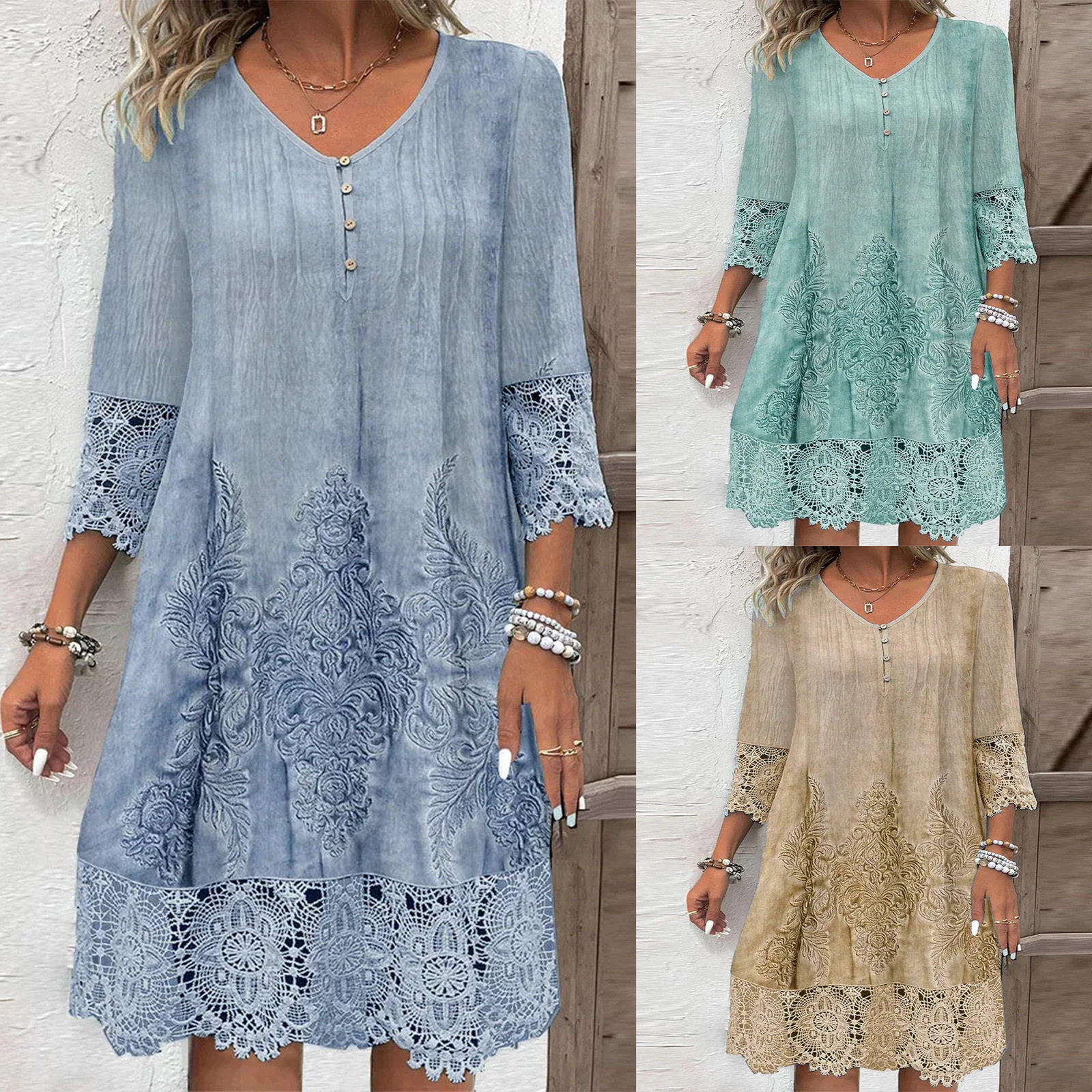 New women's V-neck print lace dress long skirt 长袖洋装女
